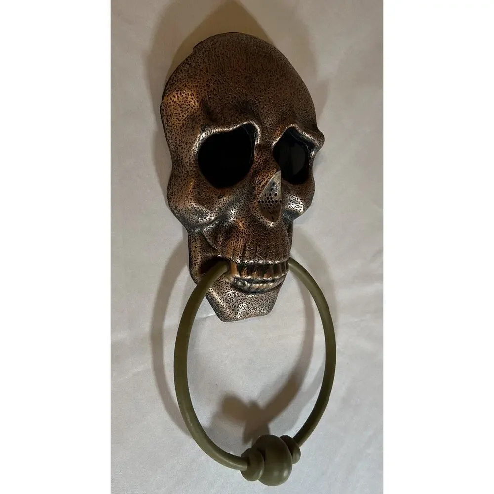 Halloween Skull Door Knocker Decor Red Eyes Skeleton Goth Lights Talking Bronze